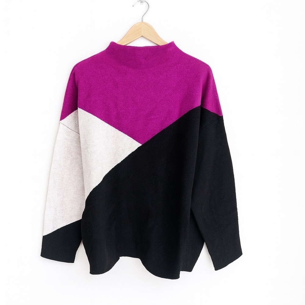 Tahari Womens Plus Size 1X Colorblock Angled Mock Neck Sweater Purple Black